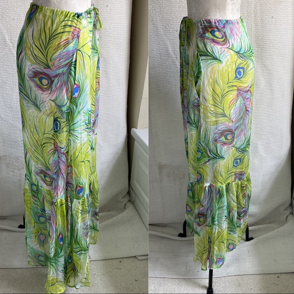 Anthro OS Silk Peacock Feather Print Skirt Dress - Picture 4 of 8
